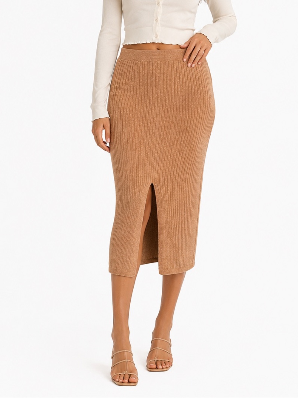 Free People Skyline Rib Midi Skirt Pencil Bodycon Tan Heathered Knit Slit Small